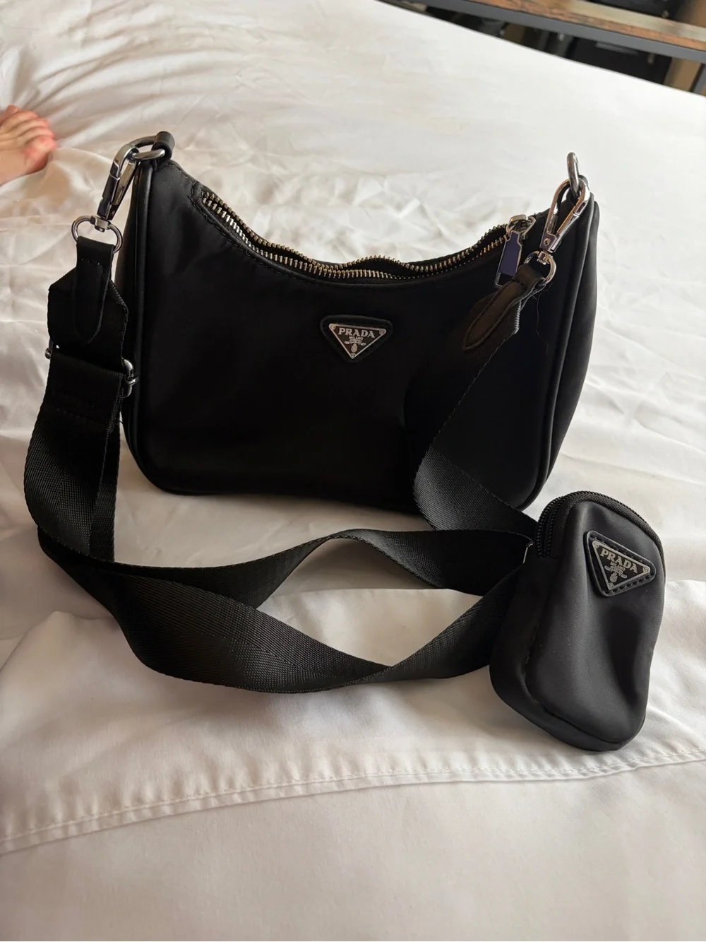 Black Nylon Shoulder Bag with Removable Strap and Pouch